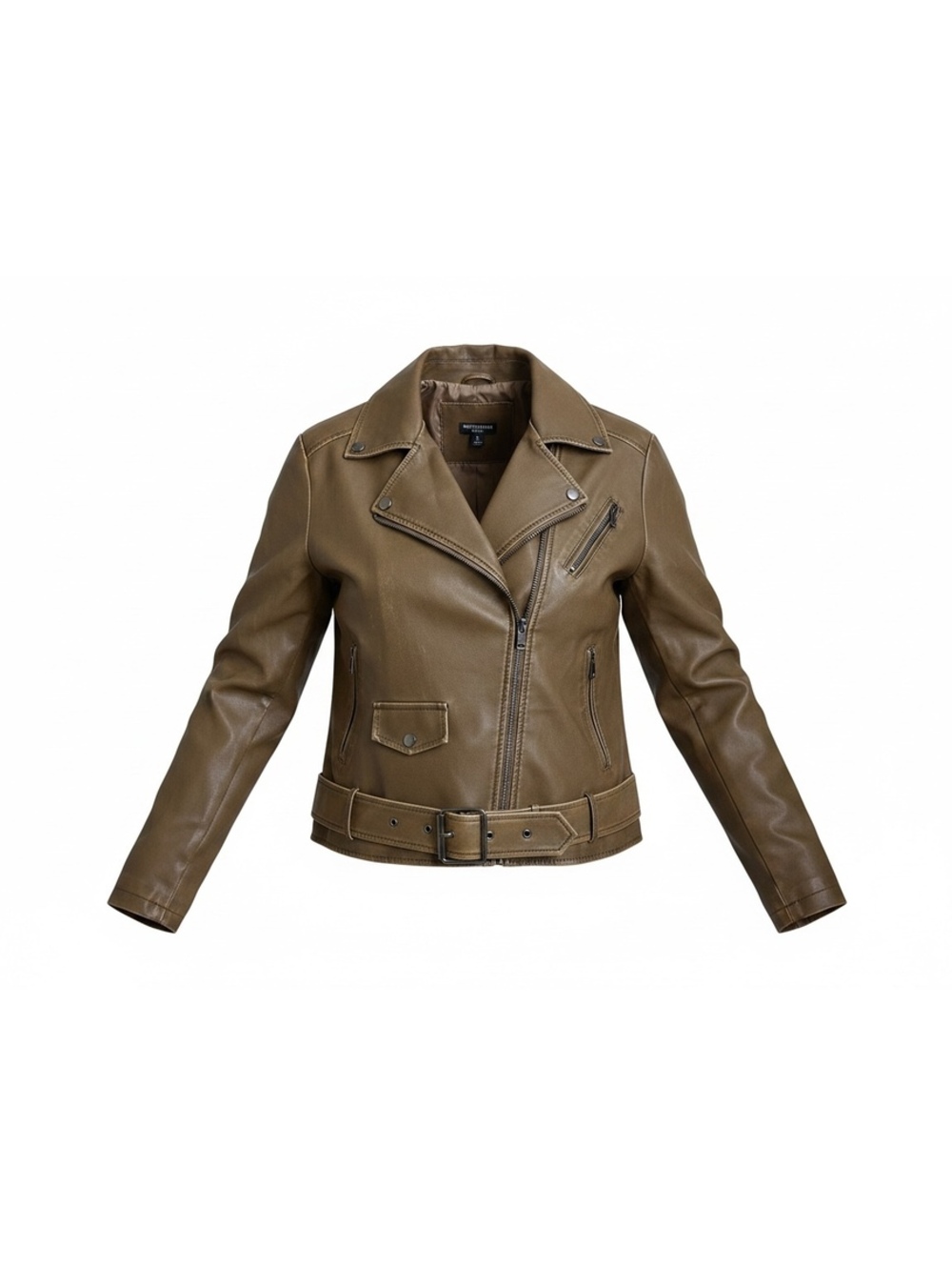 NWT PrettyLittleThing Petite Brown Faux Leather Belted Moto Jacket US 4